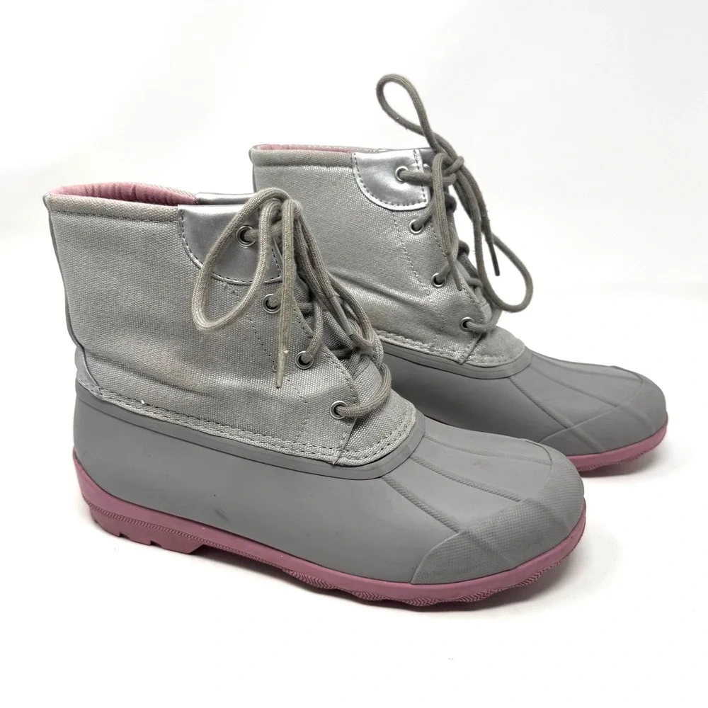 Sperry Port Boot Duck Boots Girls Size 6M Grey Pink Rubber Textile Rain Classic